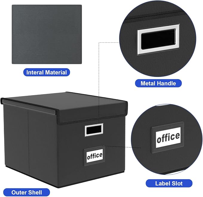 File Organizer Box with Lids, Collapsible File Folder Organizer | File Box with Plastic Slides for Document Storage, Filing Bin for Letter Size Hanging File Folders (4 Pack, Black, Leather) - Image 3