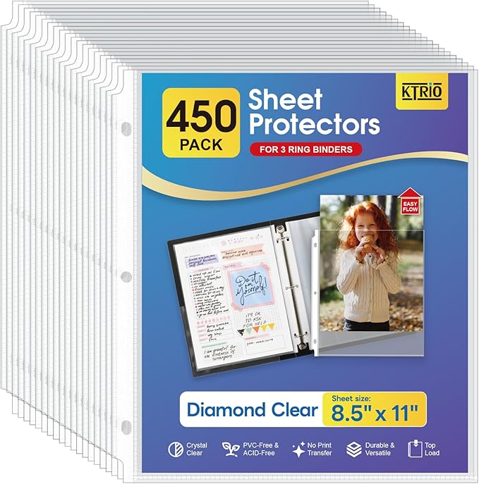 KTRIO Sheet Protectors 8.5 x 11, Page Protector for 3 Ring Binder, 450 Pack | Crystal Clear, Top Loading, PVC-Free & Acid-Free Polypropylene, No Print Transfer, Protects Letter Size Documents by KTRIO