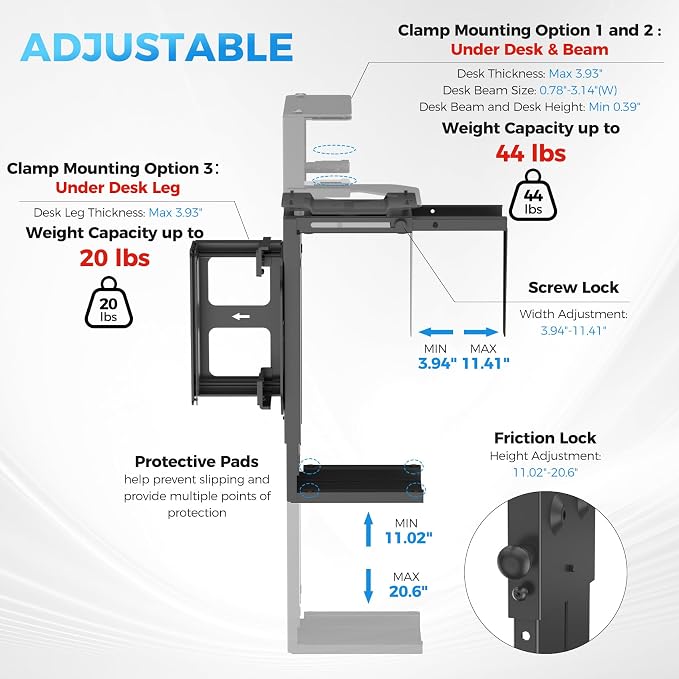 Suptek Clamp-on Desk or Desk Leg PC Mount,Adjustable Height and Width,CPU Under Desk Table Beam PC Mount Bracket Computer Tower Wall and Under Counter Holder - Image 2