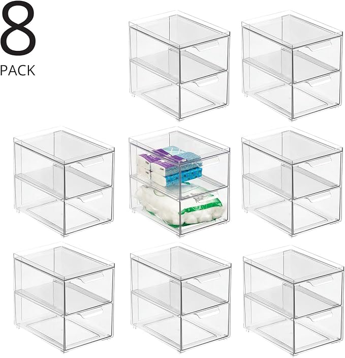 mDesign Stackable Storage Containers Box with 2 Pull-Out Drawers - Stacking Plastic Drawer Bins for Master or Guest Bathroom, Linen Closet, Vanity, or Makeup Table - Lumiere Collection - 8 Pack, Clear - Image 4