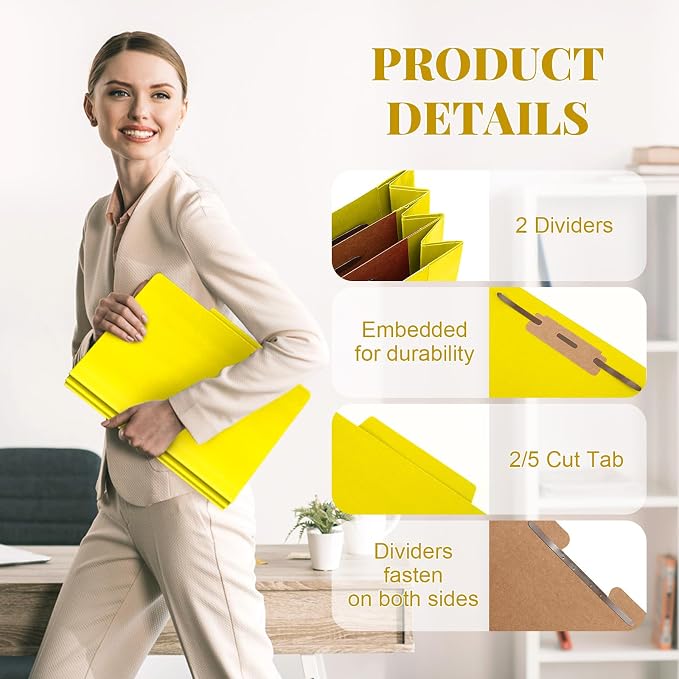 Skyygemm 36 Pcs Classification Folders Letter Size, 2 Divider Pressboard File Folders with 3. 5 Inch Expansion, 2 Prongs Fastener, Heavy Duty Office File Organizers for Teachers, Medical (Yellow) - Image 3