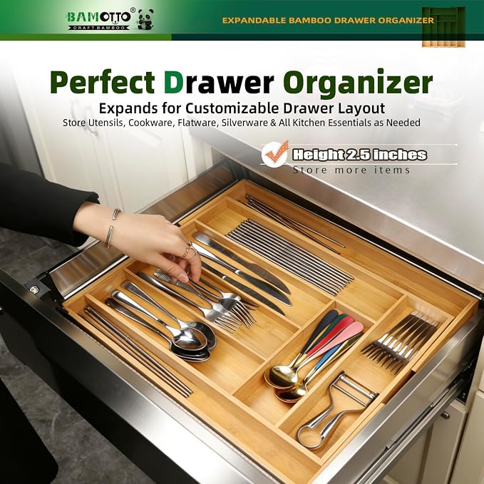 BAMOTTO CRAFTBAMBOO Expandable Bamboo Drawer Organizer for Kitchen, 8 Slot | Silverware & Cutlery Tray | Utensil Holder | 12.8"–20" Adjustable | Office & Bathroom | Flatware Organizer - Image 4
