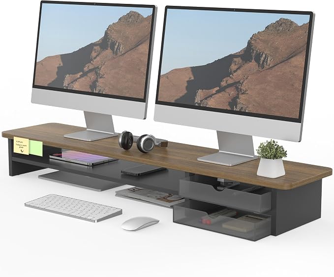 Fenge Monitor Stand, Desk Computer Riser with Frosted Storage Drawer, Brown | 42.5 Inch Dual Monitor Riser, 2 Tiers, Cable Management, Desk Shelf for 2 Monitors, Ultrawide Screen, Laptop, TV, Home Office by Fenge