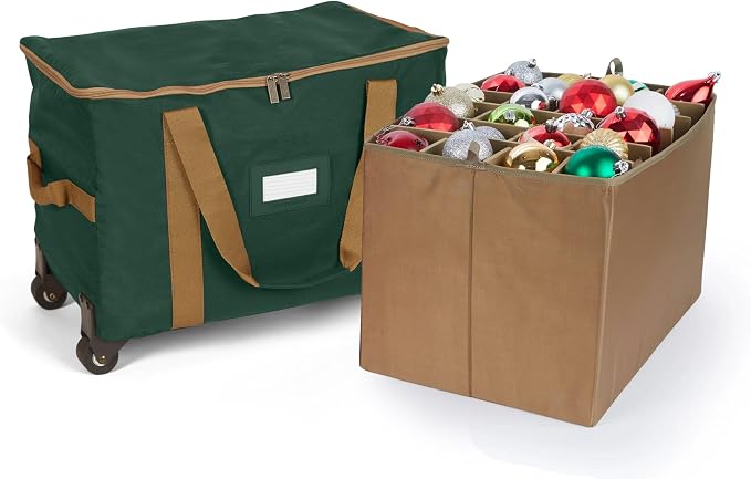 Covermates Keepsakes Rolling Adjustable Ornament Storage Bag – Heavy-Duty Polyester, FlexGrid Trays & Padded Dividers – Protective Holiday Organizer with Wheels, Handles & ID Window, Green by Covermates