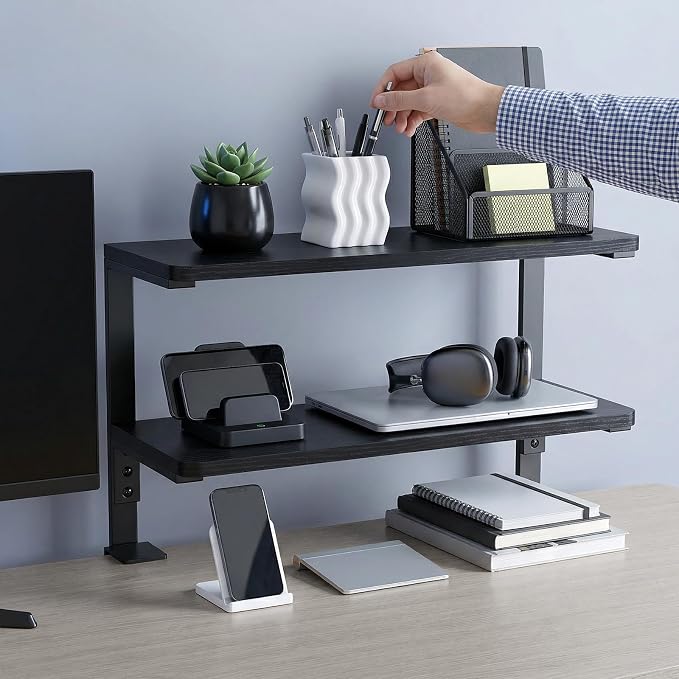 2-Tier Desk Extender, 22-inch Clamp-On Desk Shelf, Height-Adjustable Desktop Shelf Organizer for Monitors Office and Gaming Accessories, Arm Support Table Extension, Black - Image 2