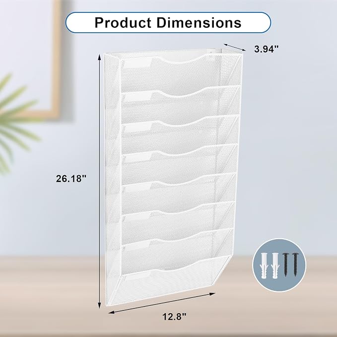 8 Pocket Mesh Hanging Wall File Organizer, Wall Mounted Mail Paper Document Folder Holder, Clipboard Storage Organization Magazine Rack with Nametag Label for Office Home School, White - Image 2