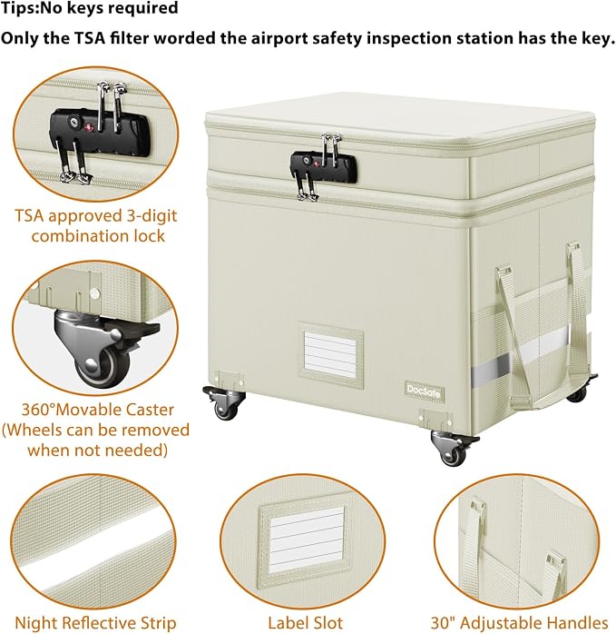 DocSafe Fireproof Document Box with Lock,2-Layer File Box with Wheels,Collapsible File Storage Organizer with Pockets,Large Portable Office Filing Cabinet for Hanging Folders,Beige,16''x13.8''x12.2'' - Image 5