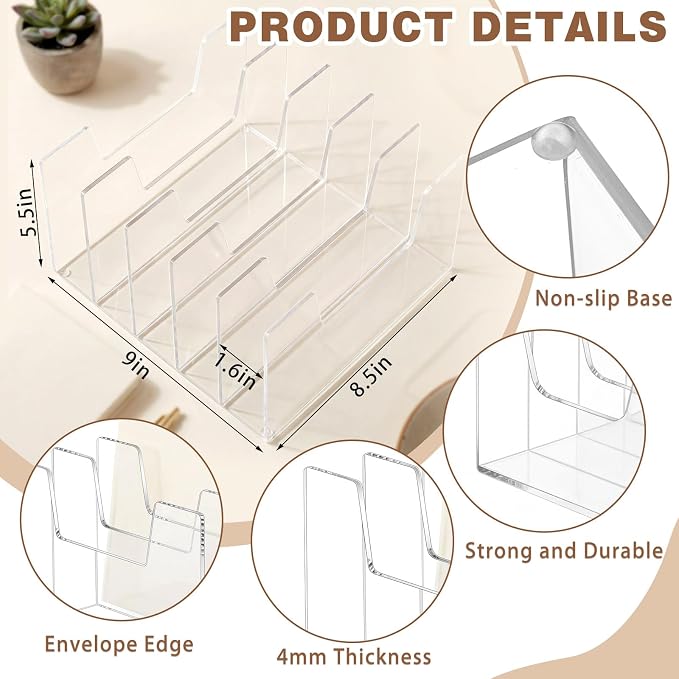 5 Section Clear Acrylic Desktop File Organizer Vertical File Sorter 4mm Thick, Large Capacity Upright Magazine Organizer, Book Paper, Notebooks, Envelopes, Mail Holder - Image 2