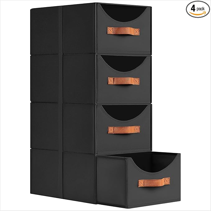 Stackable Storage Drawers - Collapsible Storage Bins with Drawers, 4 Pack Closet Shelf Organizer Basket, Fabric Pull Out Organizer for Bedroom, Living Room, Dorm, Black by Homsorout