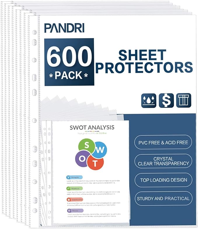 Sheet Protectors, PANDRI 600 Pack Clear Heavy Duty Plastic Page Protectors Sheet Reinforced 11-Hole Fit for 3 Ring Binder Fits Standard 8.5 x 11 Paper, 9.25 x 11.25 Top Loaded, Excluding Acid by PANDRI