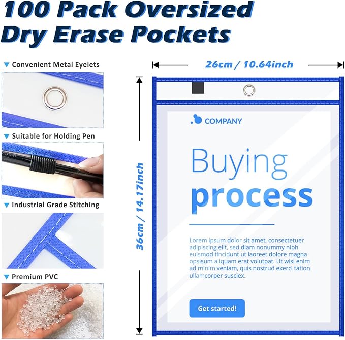 100 Pack Dry-Erase Pockets Sleeves Bulk Job Ticket Holders Oversized Reusable10x14 Blue Plastic Sheet Page Protectors, Heavy Duty Clear Work Pockets, Teacher School Classroom Supplies - Image 2