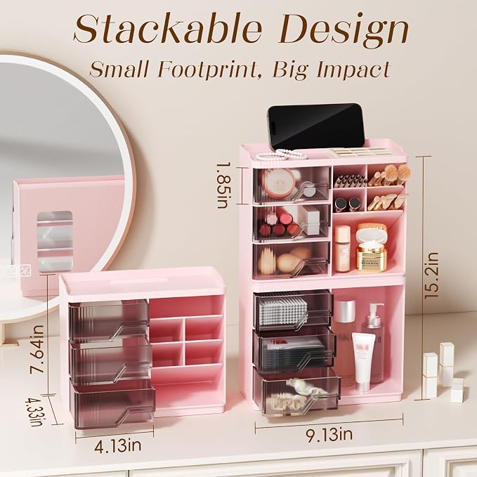 Small Makeup Organizer with Drawers, Stackable Bathroom Couneter Organizer with Phone Holder, Versatile Vanity Organizer Countertop, Cosmetic Organizer for Makeup Brush, Skin Care, Lotion -Pink,1Pack - Image 3