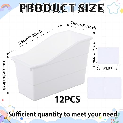 gisgfim 12 Pack Large Book Bins with Labels (White) | Durable Plastic,Stackable Magazine Organizer,Storage Bins for Classroom,Library,Office,Bookshelf Categorization - Image 2