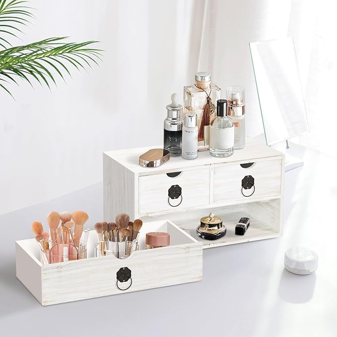 Wood Desk Organizer with Drawer, White Wooden Desktop Organizer, Tabletop Storage Organization Box for Countertop, Home Office Supplies (3 Drawer) - Image 8