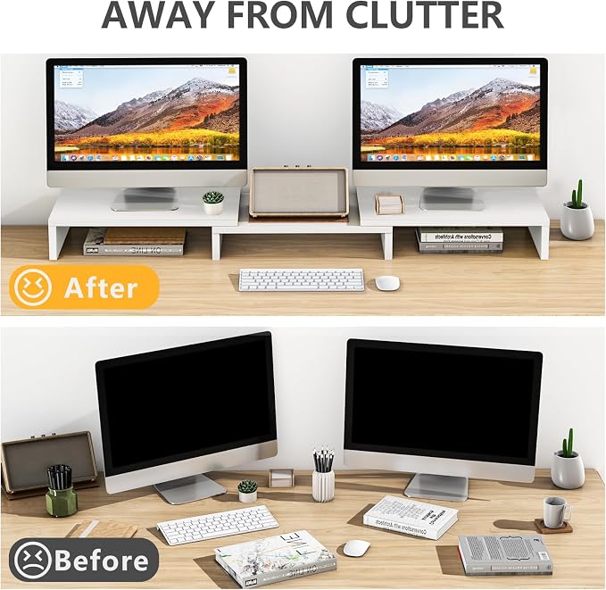 TAVR Dual Monitor Stand Riser, Wooden Computer Monitor Stand for 2 Monitors | Extra Long Multifunctional Desktop Organizer Riser for TV, PC Monitor, Laptop, Printer, Max 43.3" Length, White - Image 2