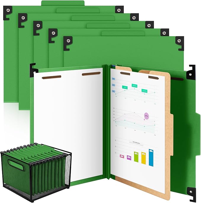 Henoyso 10 Pcs Hanging Classification Folders Bulk with 2 Prongs, 1 Divider Letter Size, 2 Inch Expansions Pressboard File Folder, 1/3-cut Tab File Organizer (1 Divider,Green) by Henoyso
