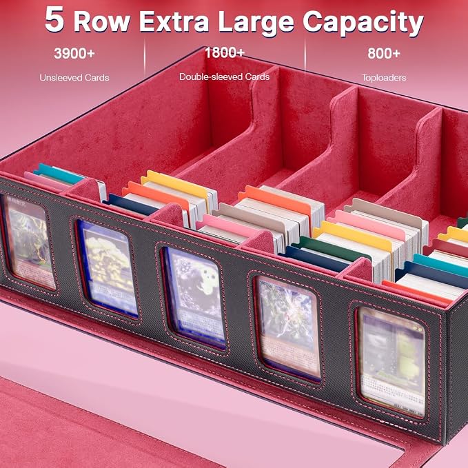 5-Row 3900+ Trading Card Storage Box for MTG, Card Deck Box with Snap-fit Design, 5 Card Sleeves, 10 Stoppers, 80 Dividers and 1 Dice Tray (Black-Red) - Image 2