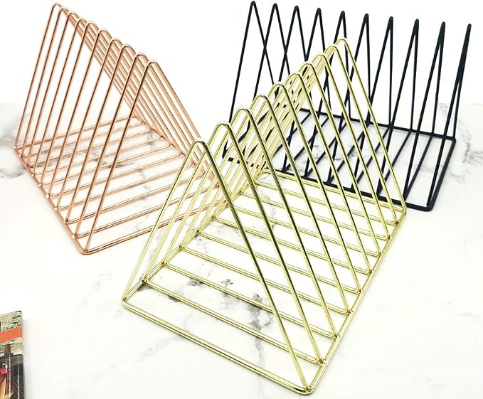 Gold File Holder Organizer, Triangle Record Album Holder Magazine Wire Rack, 9 Slot Multifunction Desktop Storage Decor for Home Office - Image 7