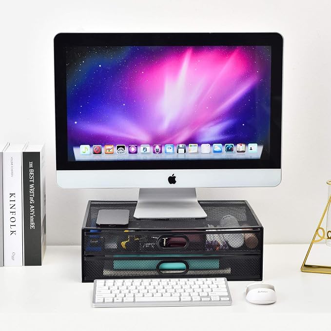 Monitor Stand Riser with Drawer - Metal Mesh Desk Organizer with Dual Pull Out Storage Drawer, Printer Holder with Pull Out Storage Drawe - Image 3