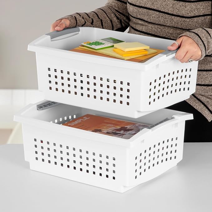 Sterilite 16 Pack Large Stacking Basket, Open Top Storage Bin with Handles, White - Ideal for Home Closets, Kitchens, or Office Organization - Image 8