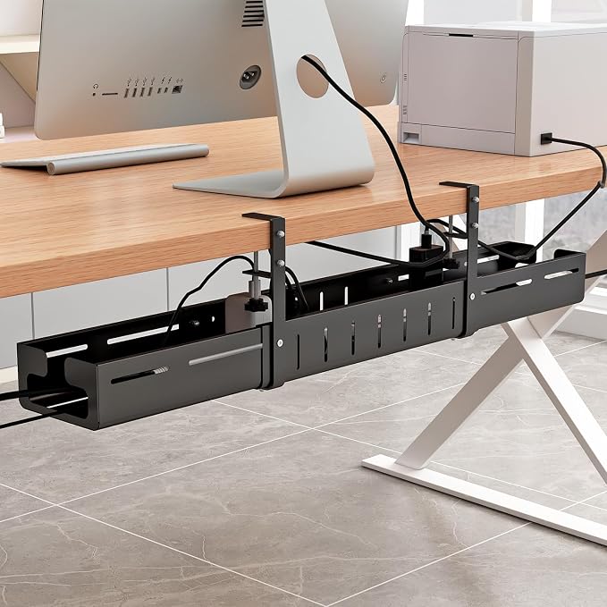Under Desk Cable Management Tray, Expandable Length 25.2"-38.6",No Drill No Damage to Desk,Cable Tray with Clamp for with Wire Management,for Cord Organizer for Home Office Standing Desk, Black by Babosas