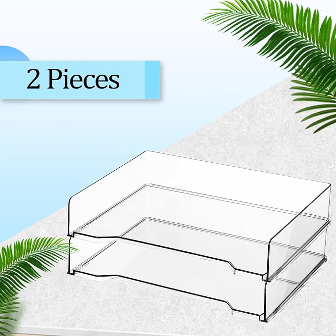 DoubleFill 2 Pcs Stackable Letter Tray Rectangular Plastic Desk Organizer 13 x 9.5 x 2.6 in Paper Holder File Tray Accessories Rack for Desktop Office Desk Drawers (Clear) - Image 3