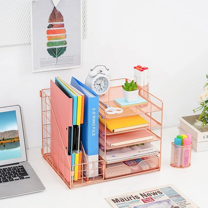 Marbrasse Rose Gold Desk Organizer with File Holder, 5-Tier Paper Letter Tray Organizer and Drawer, Mesh Desktop Storage with Magazine Holder for Office Supplies - Image 3