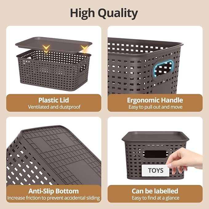 Plastic Storage Basket with Lid, Stackable Small Box Bins for Organizing and Containers for Shelves Drawers Desktop Closet Playroom Pantry Classroom Office Home, 8 Pack 10.2x7.2x4.1 Inch, Brown - Image 6