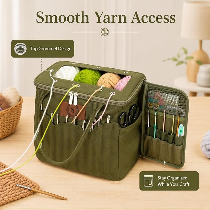 Canvas Yarn Storage Bag with Personalized Name Leather Patch, Large Canvas Yarn Bag for Crochet and Knitting, Crochet Organizer with Multiple Pockets & Yarn Holes, Birthday Gift for Mom Grandma - Image 6