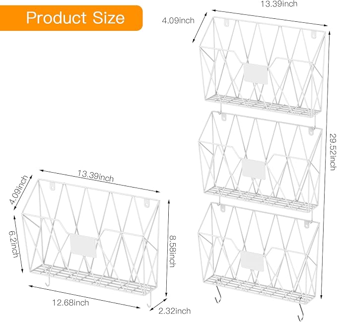 YBING Wall File Organizer White 6 Pack Mesh Hanging File Holder Organizer Metal Wire Mail Organizer Wall Mounted Office Papers Holder Hanging File Folders With Hooks - Image 7