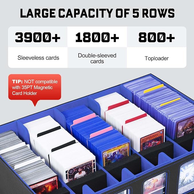 ZLCA Trading Card Storage Box 5-Row with Handle, MTG Storage Box | Holds 3900+ Cards with Commander Display, Top Loaders Organizer Case for TCG PTCG Sport Card(Black&Blue) - Image 2
