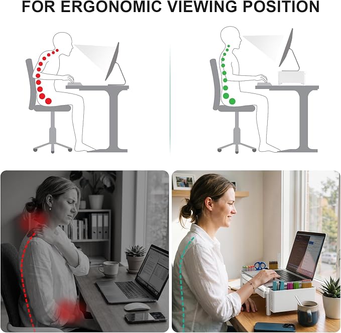 WALI Computer Monitor Stand with Storage, Desk Organizer with Drawer and Pen Holder, Desk Monitor Riser 3 Height Adjustable, Laptop Riser for Computer, Laptop, Printer(PTT003-M), 1 Pack, Marble - Image 8