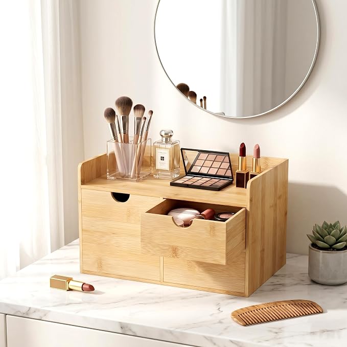 Bamboo Desk Organizer with Drawers, Desktop Storage Box for Office Supplies | 3 Drawers Desktop organizer, No Assembly Required, Natural Wood Wooden Desktop Drawers for Bills, Cosmetics, Seals, Paper - Image 7