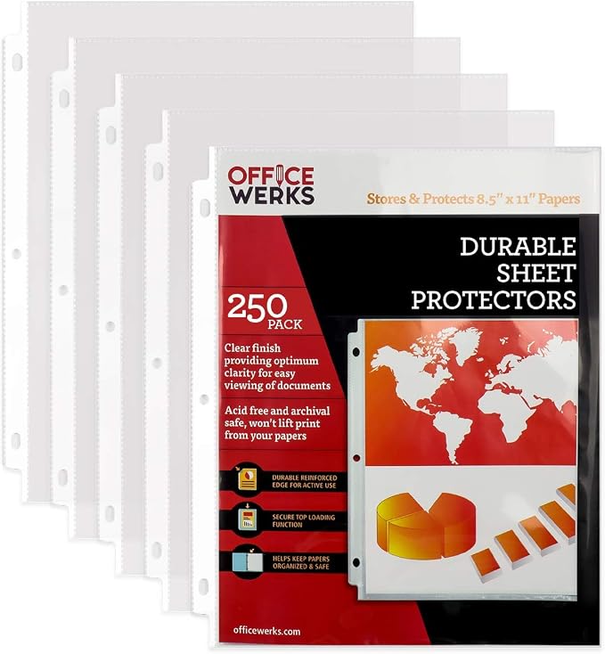 250 Sheet Protectors, 8.5 X 11 Inch Clear Page Protectors for 3 Ring Binder, Plastic Sheet Sleeves Protectors, Durable Top Loading Paper Protector with Reinforced Holes, Archival Safe by Office+Werks