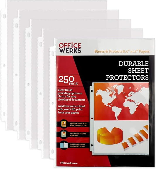 250 Sheet Protectors, 8.5 X 11 Inch Clear Page Protectors for 3 Ring Binder, Plastic Sheet Sleeves Protectors, Durable Top Loading Paper Protector with Reinforced Holes, Archival Safe by Office+Werks