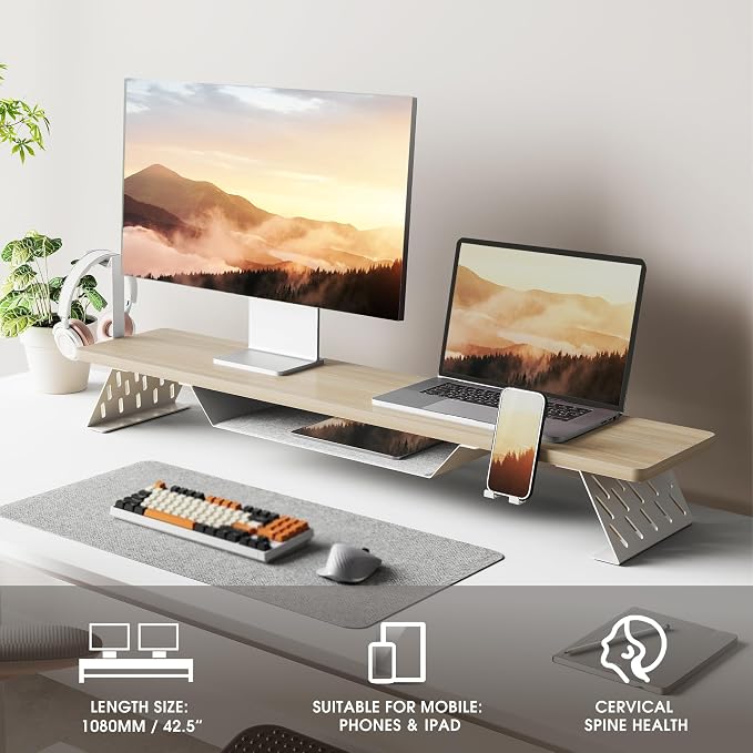 Fenge Dual Monitor Stand, Wooden Desk Shelf with Headphone & Phone Holder | 42.5" Monitor Riser with Storage Shelf, 2-Tier Monitor Shelf with Metal Leg for Home Office Organizer, Oak - Image 6