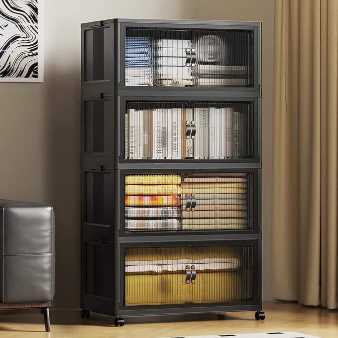 SAILUN 580Qt Stackable Storage Bins,Storage Cabinet with a Lid,4 Pack Black | Stackable Storage Drawers with Lids,28" W x 17" D x 61" H,Featuring open-front Access for Clothes and Closet Storage by SAILUN