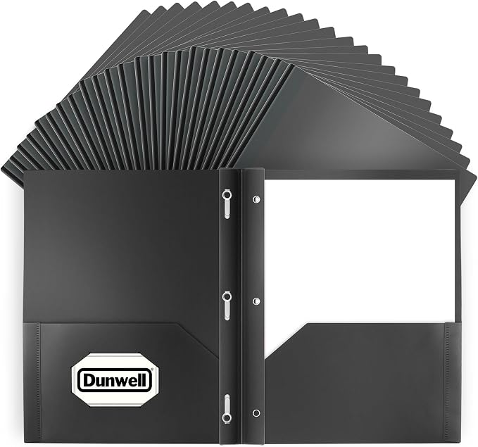 Dunwell Plastic Folders with 3 Prongs, (24 Pack, Black), 2-Pocket Folders with Fasteners, Durable Acid-Free Poly for Long Term Use, Includes Labels by Dunwell