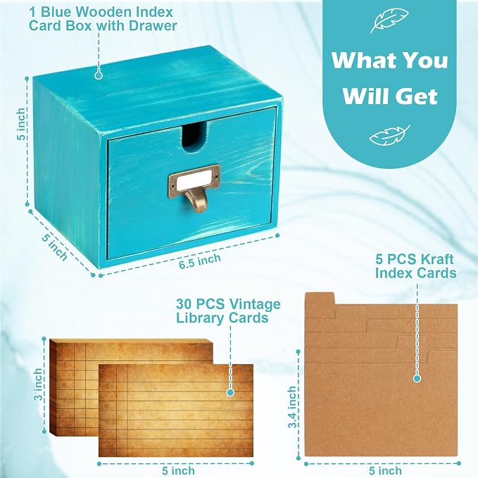 Blue 3x5 Index Card Holder with Drawer Wooden Index Card Box Vintage Card Catalog Box 30 Vintage Library Note Cards 5 Kraft Dividers for School Office Dorm Room Bedroom - Image 2