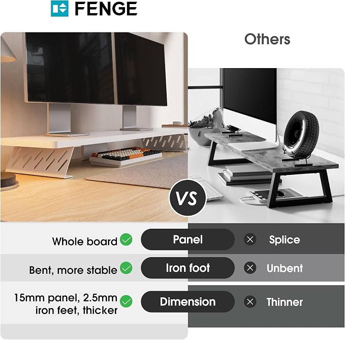 Fenge Monitor Stand Riser, Wooden & Metal Desk Shelf Organizer, White | 42.5 Inch Dual Monitor Riser for 2 Monitors, Multifunctional Monitor Shelf for Laptop, PC, Printer - Image 3