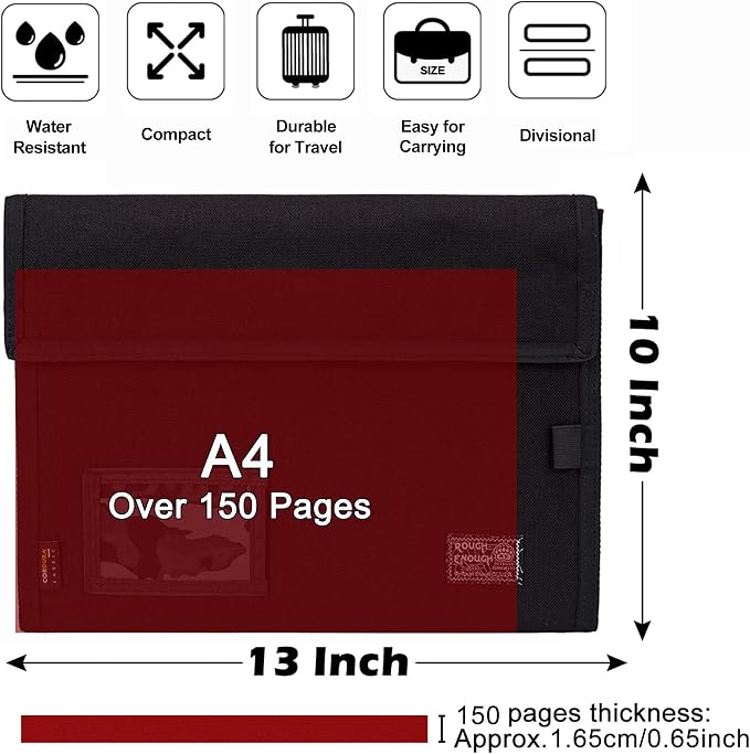 Rough Enough Expanding File Folder, Accordion Document Organizer, Black | Water-Resistant, 13 x 10 in for A4/Letter, 3 Dividers with Name Tags, Pen Loop & Card Slot, Portable for Work, Home & Travel - Image 3