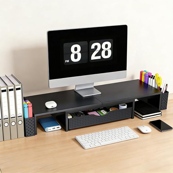 Spacrea Dual Monitor Stand Riser with Drawer and 2 Pen Holders | Monitor Riser Desk Organizers and Accessories,Desk Accessories & Workspace Desktop Organizers for Office Supplies (Black) - Image 2