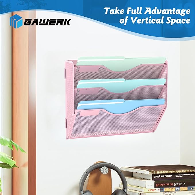 Gawerk 3 Tier Hanging Wall File Organizer, Mesh Mail Paper Orgnization Hanging File Folder Holder for Home Office, Pink - Image 6