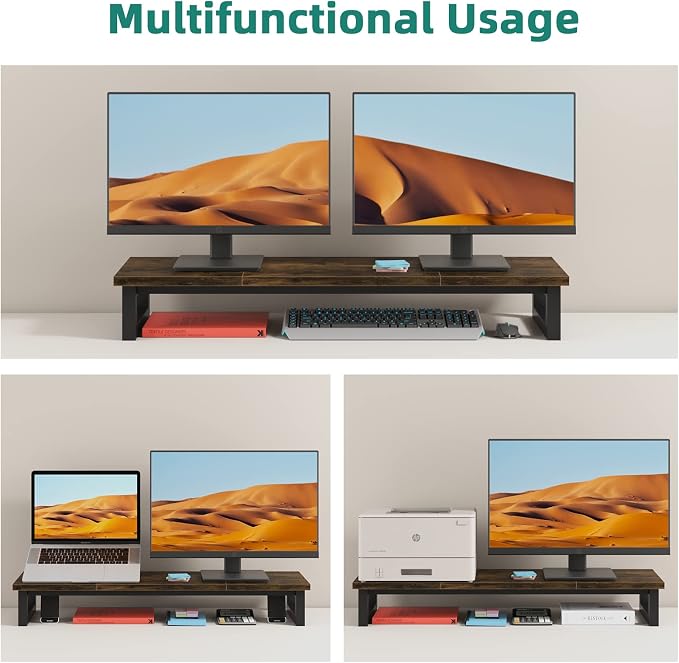 YAOHUOO Dual Monitor Stand Riser, 39Inch Large Monitor Stands for 2 Monitors, Computer Monitor Stand, Wooden Desktop Oraganizer Shelf for Office Desk Computer,Laptop,TV - Image 6