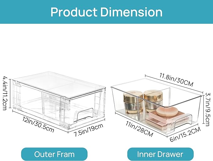 Vtopmart 4 Pack Stackable Storage Drawers,Clear Acrylic Drawer Organizers with Handles, Easily Assemble for Fridge, Bathroom,Kitchen Undersink,Cabinet,Pantry Organization and Storage | Clear Drawer Organizers with Removable Dividers for Flexible storag... - Image 3