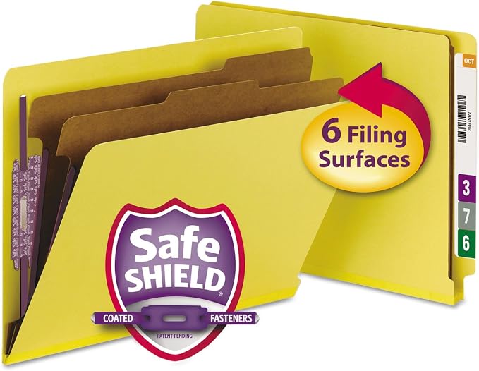 Smead 100% Recycled End Tab Pressboard Classification File Folder with SafeSHIELD Fasteners, 2 Dividers, 2" Expansion, Letter Size, Yellow, 10 per Box (26789) by SMEAD