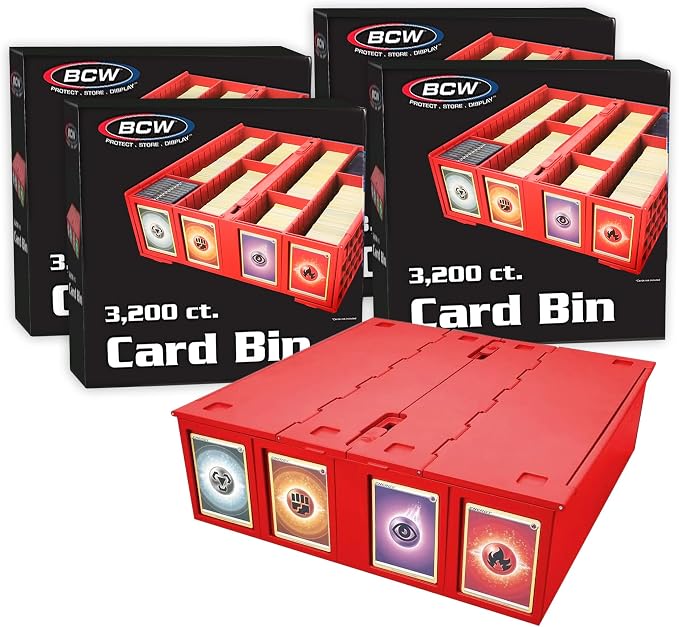 BCW Collectible Card Bin (4-Pack, Red) | Holds 3,200 Cards Each | Includes 4 Dividers Per Bin | Storage for Pokémon, MTG & Sports Cards by BCW