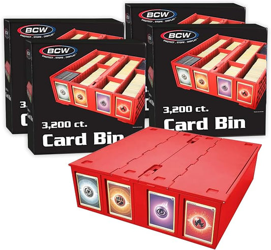 BCW Collectible Card Bin (4-Pack, Red) | Holds 3,200 Cards Each | Includes 4 Dividers Per Bin | Storage for Pokémon, MTG & Sports Cards by BCW