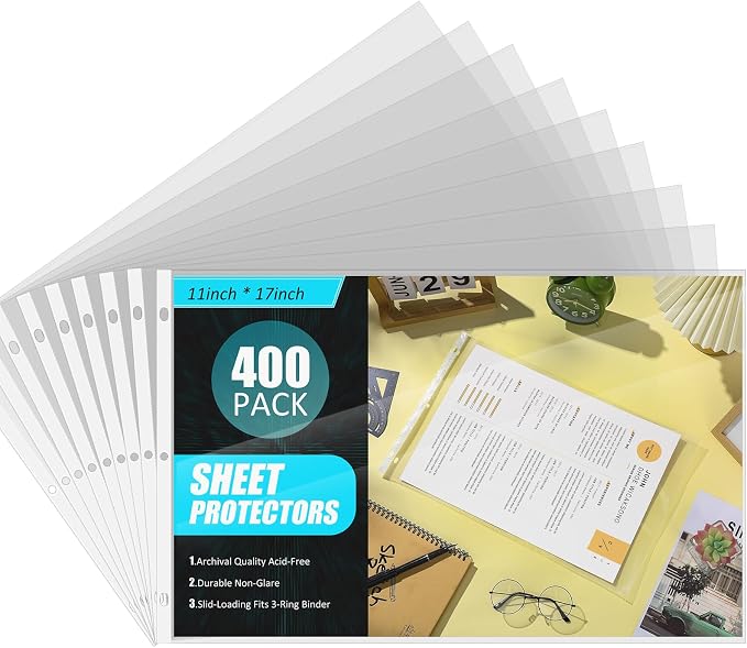 Glenmal 400 Pack Sheet Protectors 11 x 17 Inch 3 Hole Clear Heavy Duty Page Protectors for 3 Ring Binder, Plastic Sleeves for Binders by Glenmal