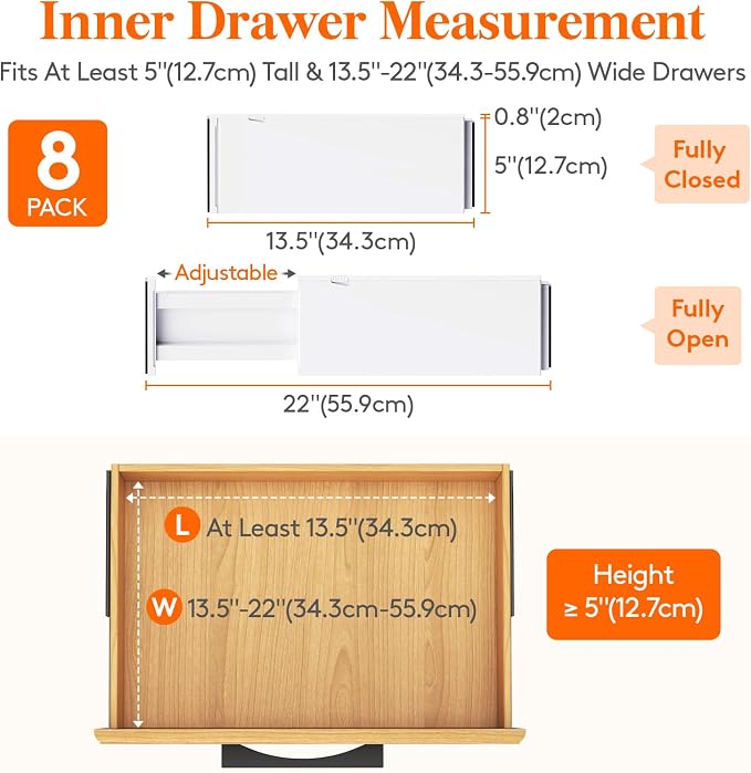 Lifewit 5" Tall Upgrade Drawer Dividers, Adjustable Deep Drawer Organizer | 13.5"-22" Expandable White Drawer Separator for Clothes, Dresser/Kitchen/Closet/Bedroom/Office Organization & Storage, 8 Pack - Image 2